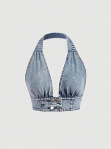 SHEIN ICON 紐扣細節吊脖牛仔上衣 - 淺色水洗藍 - 查看 1