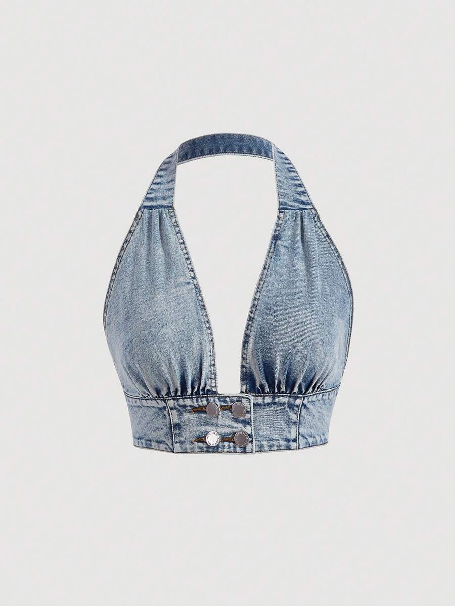 SHEIN ICON 紐扣細節吊脖牛仔上衣 - 淺色水洗藍 - 查看 1