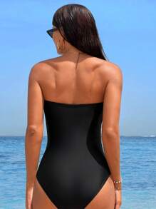 Swim Lushoire Summer Beach Ruched Bandeau One Piece Swimsuit - Black - View 2