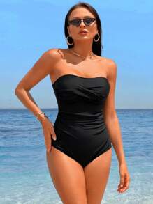 Swim Lushoire Summer Beach Ruched Bandeau One Piece Swimsuit - Black - View 3