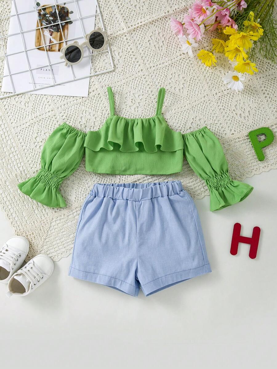 嬰兒荷葉邊挖肩荷葉袖短上衣和短褲套裝 - 彩色 - 查看 1