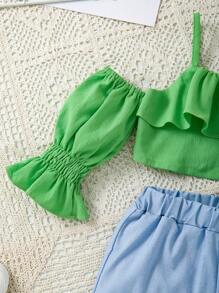 嬰兒荷葉邊挖肩荷葉袖短上衣和短褲套裝 - 彩色 - 查看 3