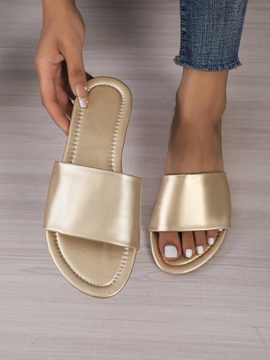 女士金屬質感單帶人造超細纖維皮革魅力四射涼鞋 - 金色 - 查看 1