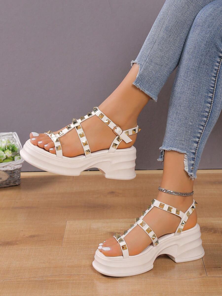 Women Studded Decor Flatform Gladiator Sandals, Punk Wedge Sandals - Beige - View 1