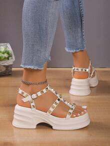 Women Studded Decor Flatform Gladiator Sandals, Punk Wedge Sandals - Beige - View 2