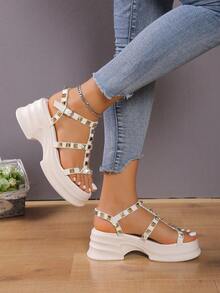 Women Studded Decor Flatform Gladiator Sandals, Punk Wedge Sandals - Beige - View 5
