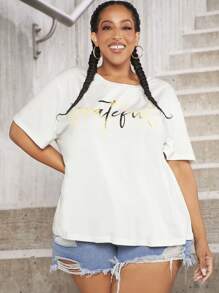 SHEIN CURVE+ 大碼字母圖案落肩T恤 - 白色 - 查看 2