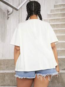 SHEIN CURVE+ 大碼字母圖案落肩T恤 - 白色 - 查看 3