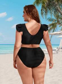 SHEIN Swim Curve Plus Size Contrast Mesh Ruffle Trim Bikini Set Summer Beach - Black - View 2
