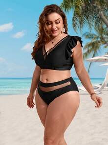 SHEIN Swim Curve Plus Size Contrast Mesh Ruffle Trim Bikini Set Summer Beach - Black - View 3