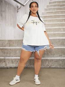 SHEIN CURVE+ 大碼字母圖案落肩T恤 - 白色 - 查看 6