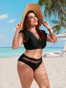 SHEIN Swim Curve Plus Size Contrast Mesh Ruffle Trim Bikini Set Summer Beach - Black - View 4