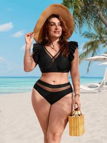 SHEIN Swim Curve Plus Size Contrast Mesh Ruffle Trim Bikini Set Summer Beach - Black - View 5