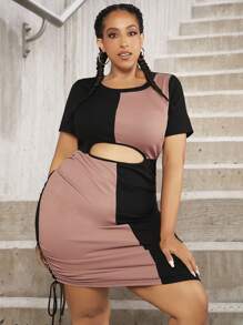 SHEIN CURVE+ 大碼雙色鏤空側抽繩緊身連衣裙 - 彩色 - 查看 4