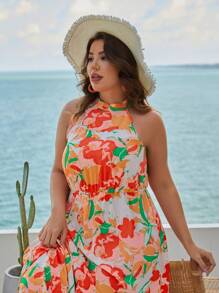 SHEIN VCAY Plus Floral Print Ruffle Hem Halter Dress - Multicolor - View 2