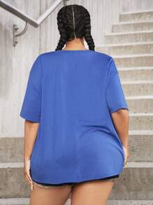 SHEIN CURVE+ 大碼刺繡標語圖案落肩T恤 - 寶藍色 - 查看 1