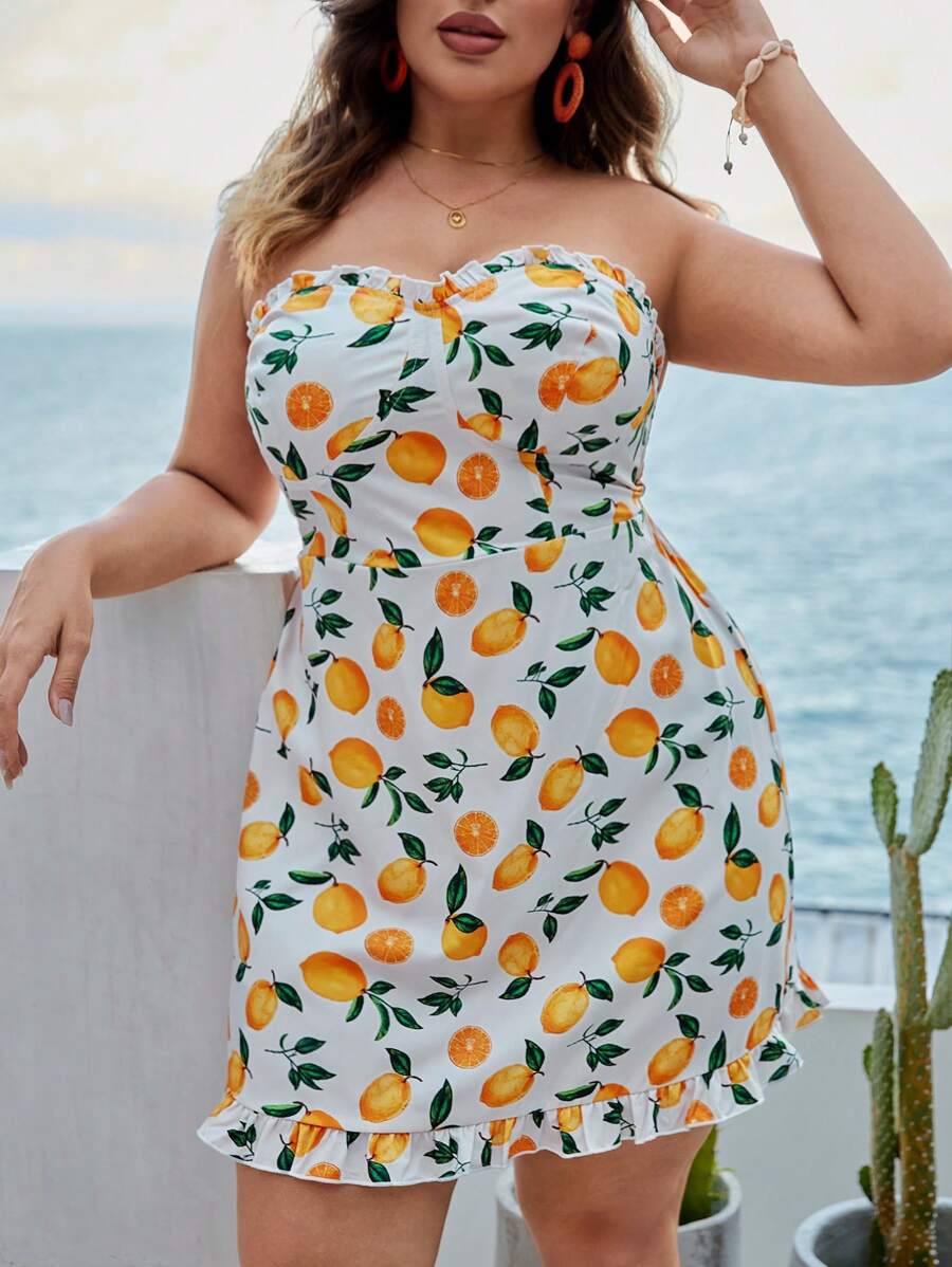 SHEIN VCAY Vestido tubo con estampado de fruta bajo con fruncido