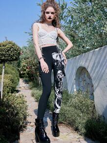 ROMWE Goth Skull Print Leggings, School - Black - View 5