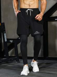 Manfinity Fitness 男友风男士标语图案二合一运动裤（带毛巾环） - 黑色 - 查看 5