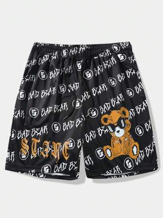 Street Life Guys Bear & Letter Graphic Drawstring Waist Shorts