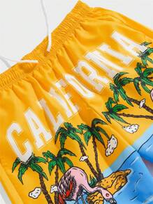 ROMWE MEN Street Life Pantalones cortos con cordón en la cintura con gráfico de árbol de coco y letra, para hombre, escolar