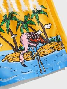 ROMWE MEN Street Life Pantalones cortos con cordón en la cintura con gráfico de árbol de coco y letra, para hombre, escolar