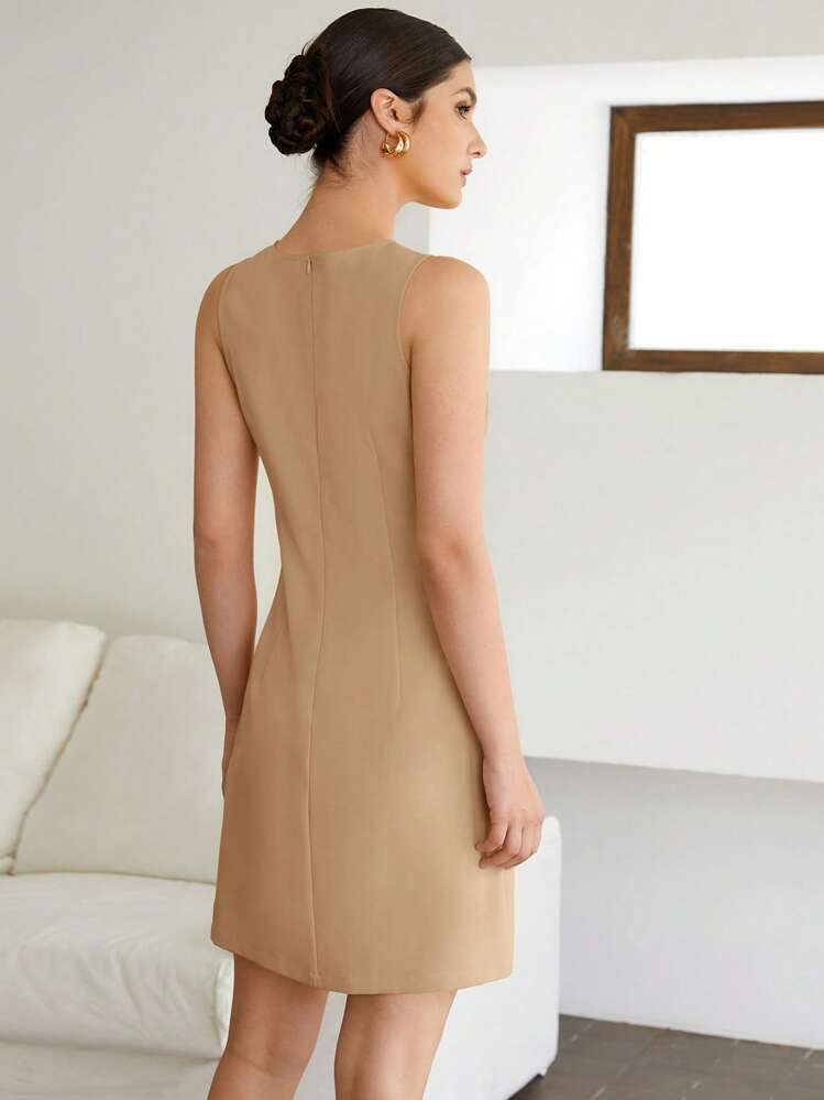 BizChic Solid Tie Front Fitted Dress - Khaki - View 2