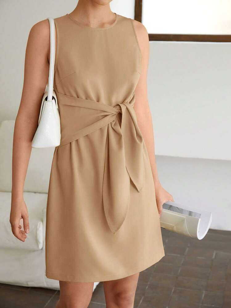 BizChic Solid Tie Front Fitted Dress - Khaki - View 6