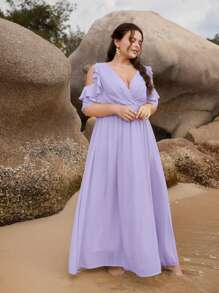 SHEIN Belle 1 pieza Vestido de dama de honor ribete con fruncido de hombros descubiertos maxi - Lila Púrpura - Ver 1