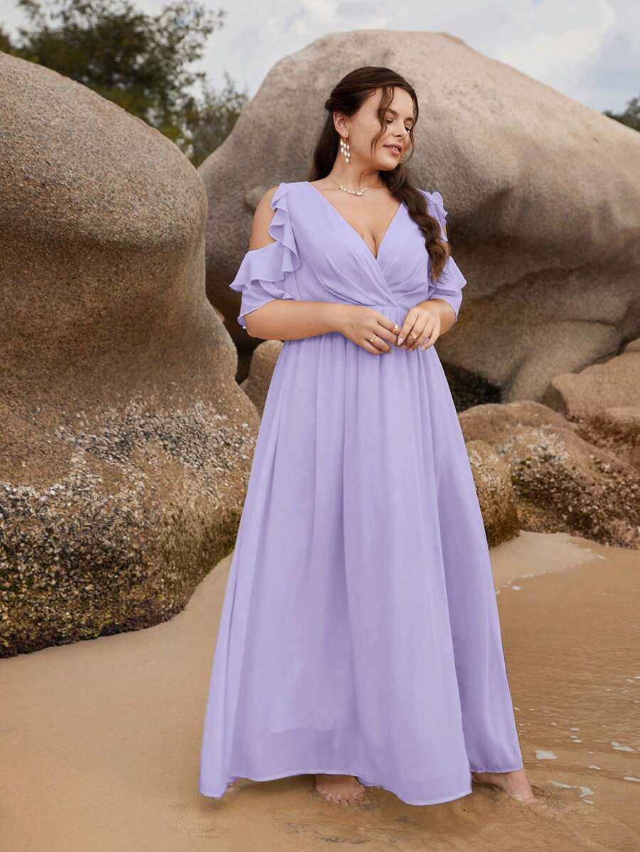 SHEIN Belle 1 pieza Vestido de dama de honor ribete con fruncido de hombros descubiertos maxi - Lila Púrpura - Ver 1