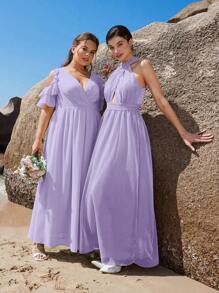 SHEIN Belle 1 pieza Vestido de dama de honor ribete con fruncido de hombros descubiertos maxi - Lila Púrpura - Ver 3