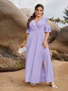 SHEIN Belle 1 pieza Vestido de dama de honor ribete con fruncido de hombros descubiertos maxi - Lila Púrpura - Ver 4