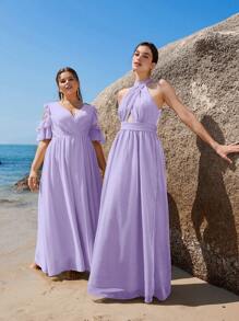 SHEIN Belle 1 pieza Vestido de dama de honor ribete con fruncido de hombros descubiertos maxi - Lila Púrpura - Ver 7