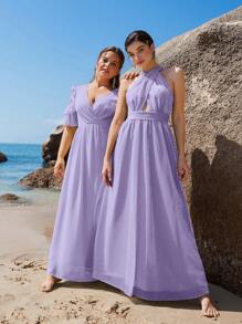 SHEIN Belle 1 pieza Vestido de dama de honor ribete con fruncido de hombros descubiertos maxi - Lila Púrpura - Ver 8