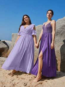 SHEIN Belle 1 pieza Vestido de dama de honor ribete con fruncido de hombros descubiertos maxi - Lila Púrpura - Ver 11