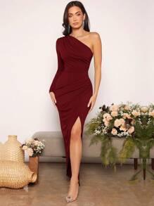 SHEIN Belle Asymmetrical Neck Ruched Wrap Hem Bridesmaid Dress Elegant Long Sleeve Formal Evening Prom Wedding Guest Gown, For Graduation, Dinner Party Dress - Maroon - View 1