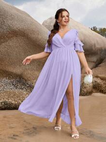 SHEIN Belle 1 pieza Vestido de dama de honor ribete con fruncido de hombros descubiertos maxi - Lila Púrpura - Ver 12