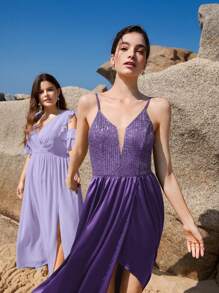 SHEIN Belle 1 pieza Vestido de dama de honor ribete con fruncido de hombros descubiertos maxi - Lila Púrpura - Ver 13