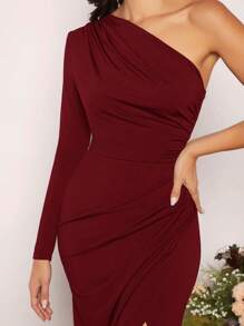 SHEIN Belle Asymmetrical Neck Ruched Wrap Hem Bridesmaid Dress Elegant Long Sleeve Formal Evening Prom Wedding Guest Gown, For Graduation, Dinner Party Dress - Maroon - View 5