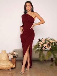 SHEIN Belle Asymmetrical Neck Ruched Wrap Hem Bridesmaid Dress Elegant Long Sleeve Formal Evening Prom Wedding Guest Gown, For Graduation, Dinner Party Dress - Maroon - View 7