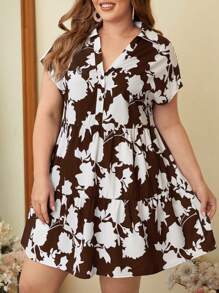 SHEIN LUNE Vestido smock con estampado de manga murciélago bajo con fruncido - Marrón Chocolate - Ver 4