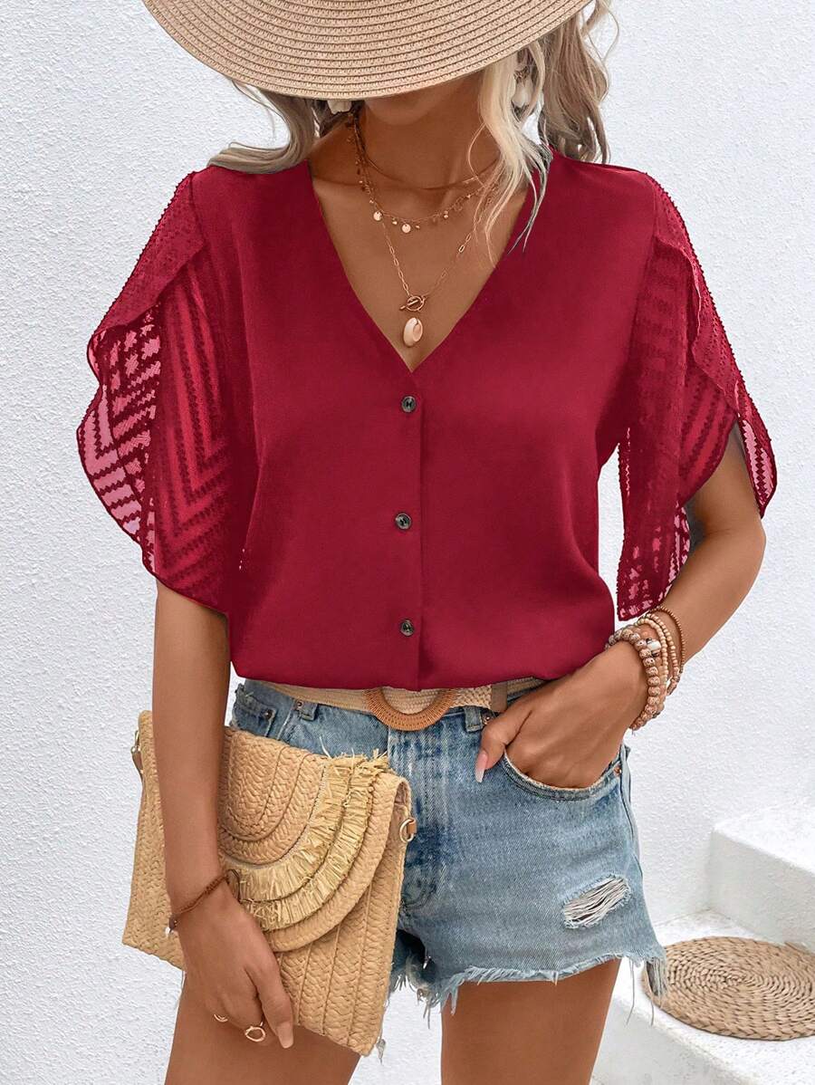 SHEIN LUNE Áo sơ mi nữ Nút phía trước màu trơn Giải trí - Đỏ - Xem 1