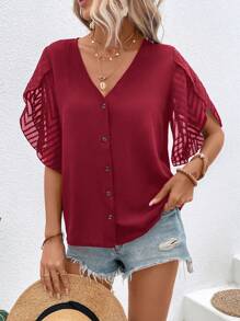 SHEIN LUNE Áo sơ mi nữ Nút phía trước màu trơn Giải trí - Đỏ - Xem 6