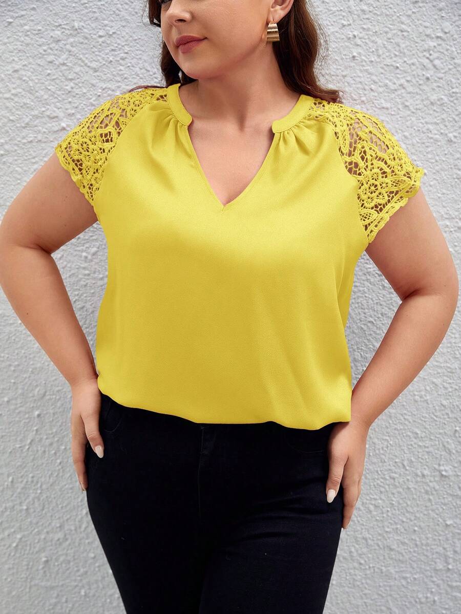 SHEIN LUNE Áo sơ mi Plus Size Tương phản ren màu trơn Giải trí - Màu vàng - Xem 1