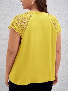 SHEIN LUNE Áo sơ mi Plus Size Tương phản ren màu trơn Giải trí - Màu vàng - Xem 2