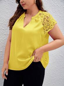 SHEIN LUNE Áo sơ mi Plus Size Tương phản ren màu trơn Giải trí - Màu vàng - Xem 3