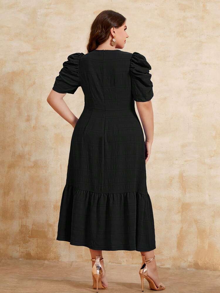 Plus Puff Sleeve Ruffle Hem Dress