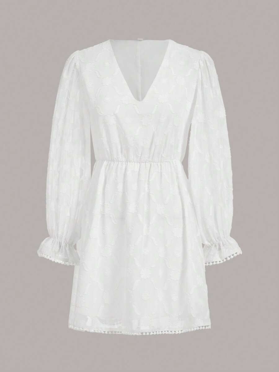 SHEIN MOD Jacquard Flare Sleeve Lace Trim Dress - White - View 1
