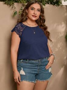 SHEIN LUNE Áo thun Plus size Tương phản ren màu trơn Giải trí - Màu xanh hải quân - Xem 3
