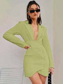 SHEIN Privé Đầm Bất đối xứng Trọn gói Nút phía trước màu trơn Gợi cảm - Màu xanh chanh - Xem 2